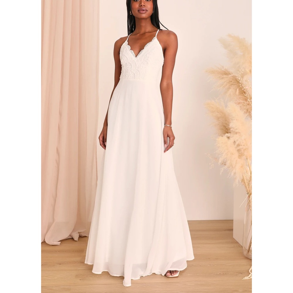 Lulus Dress Womens M White Lace V Neck Maxi Chiffon Spaghetti Strap Wedding
